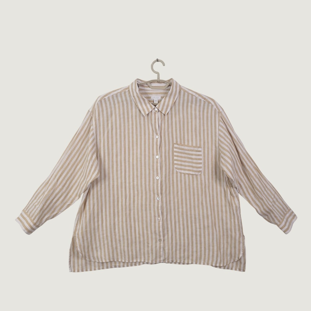 J Jill Linen Top Shirt 2X 100% Linen 2X Button Up Striped Minimalist Coastal